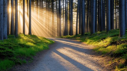Obraz premium A serene forest path illuminated by sunlight filtering through tall trees, creating a peaceful atmosphere. The winding trail invites exploration amidst lush greenery and soft shadows.