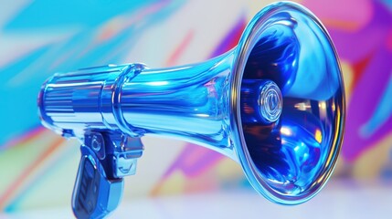 A shiny, translucent megaphone is prominently displayed, reflecting light and color against a vibrant background, suggesting its use for amplification or communication.