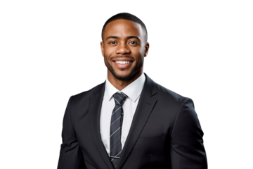 Confident smiling professional African-American businessman in suit, isolated on transparent background