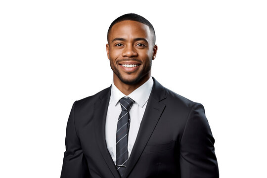 Confident smiling professional African-American businessman in suit, isolated on transparent background