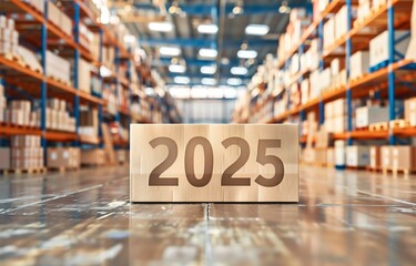Cardboard Numbers 2025 in a High-Resolution Warehouse Scene