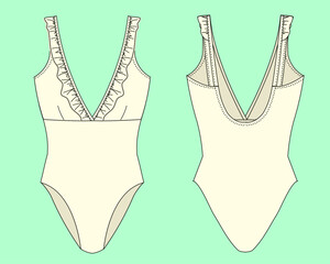 One piece swimsuit ecru colour flat sketch outline template. 