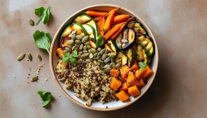 Low FODMAP Grilled Vegetable Bowl with Quinoa and Pumpkin Seed Garnish for Healthy Eating