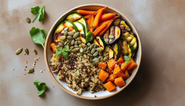 Low FODMAP Grilled Vegetable Bowl with Quinoa and Pumpkin Seed Garnish for Healthy Eating