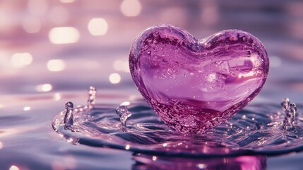 A high-end heart-shaped object in shimmering pink and purple tones, surrounded by animated water splashes on a reflective water surface.