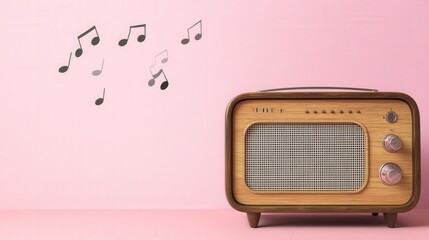 A vintage radio sits against a pink wall, with musical notes floating above, creating a nostalgic...