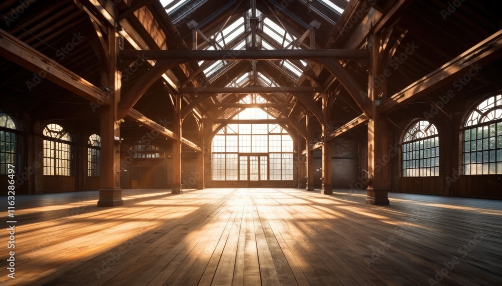 Poster interior of an old factory featuring wooden beams and large windows with sunlight illuminating the s