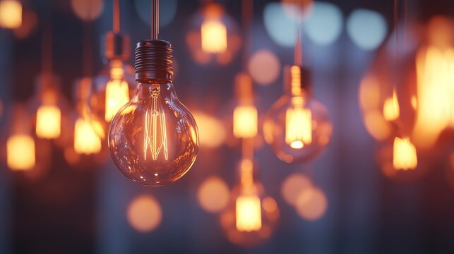 Close-up of vintage edison light bulbs glowing with warm filament light in dark background, modern industrial interior design concept


