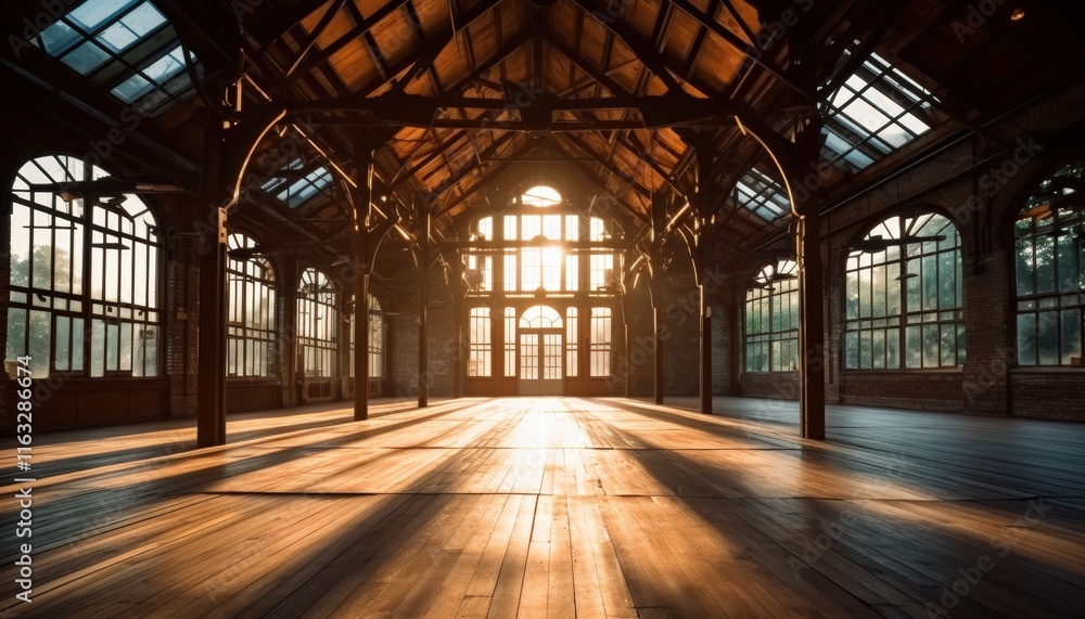 Poster Interior of an Old Factory Structure with Rustic Charm and Beautiful Natural Light Filtering Through Large Windows
