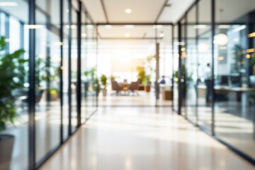 Bright office hallway with glass partitions, green plants, and cozy seating in background. Minimalist design, business concept. Ai generative