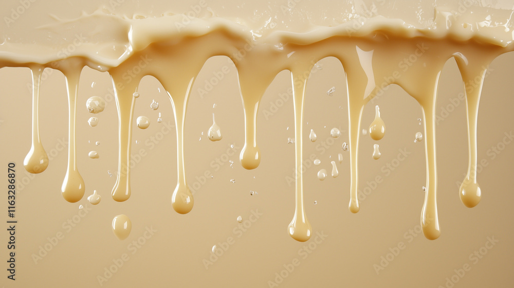 Poster dripping cream: a close-up shot of creamy milk cascading down in a mesmerizing flow, creating a rich