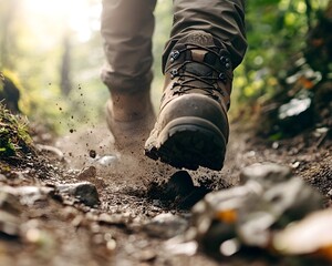 Obraz premium Close-up of hiking boots on a muddy trail in a forest