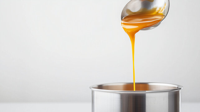 Golden Caramel Sauce Pouring: Rich, luscious caramel sauce streams from a ladle into a gleaming metal bowl, a delectable image for food blogs, culinary websites, and recipe books.  