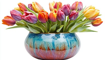 A vibrant spring bouquet of pink tulips with lush green leaves arranged in a vase, showcasing the beauty of nature's colorful blossoms