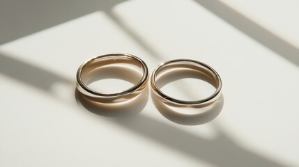 Golden wedding rings, a symbol of love and commitment, rest on a white table