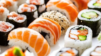 
A plate of fresh, delicious salmon sushi rolls, a healthy and gourmet Japanese meal