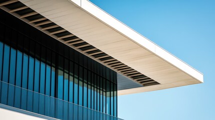 Obraz premium Modern building detail glass facade, white overhang, blue sky.