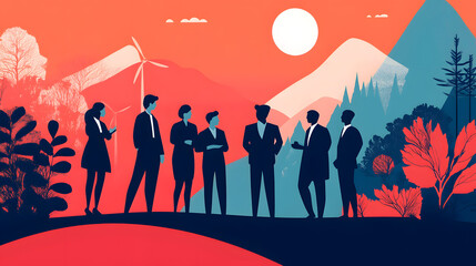 inspiring virtual meeting backdrop for a leadership event featuring business leaders collaborating on wind, solar, and hydropower initiatives