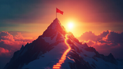 Concept of step-by-step achievement of goals. Glowing path leading to success and achievements concept with flag on peak of mountain. Ad poster for business the presentation