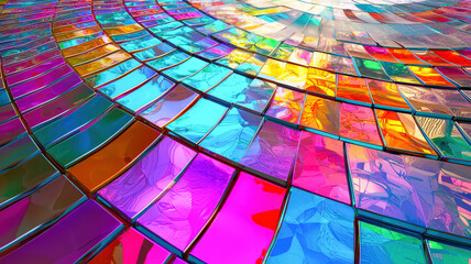 Obraz premium A detailed mosaic plot with glowing, multicolored tiles arranged in a unique pattern, set on a futuristic reflective surface, creating a vibrant, high-tech data visualization effect. 