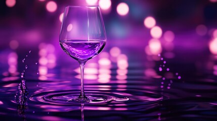 A lifelike white wine glass with a radiant purple glow on its stem and subtle red reflections, resting on reflective water; animated splashes add realism.