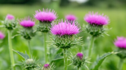 Obraz premium Close up of purple thistle flower. Pink blossoms stand tall in green field. Vivid colors in nature. Wild plant in meadow garden. Springtime flora beauty. Beautiful natural image. High quality photo.
