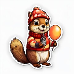 Cute Chipmunk Winter Outfit Grenade Balloon Cartoon Sticker Design. Generative AI