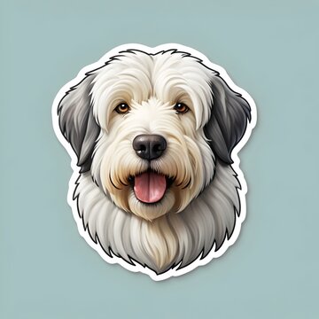 Old English Sheepdog Portrait Cute Dog Sticker, Digital Art, Pet, Fluffy, Canine, Headshot, Breed, A. Generative AI