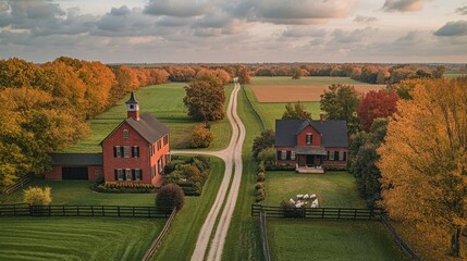 Obraz premium Aerial view of two red brick farmhouses on a long dirt road, surrounded by autumn foliage.
