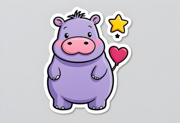 Adorable Purple Hippo Cartoon Sticker Heart, Star, Cute. Generative AI
