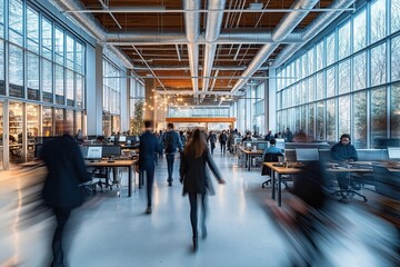 Busy modern office interior shows many people walking. Open plan workspace with high ceilings large windows, exposed ductwork. People working at desks. Blurred motion shows activity, fast pace of