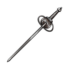 Render a highly detailed image of a silver rapier, featuring a uniquely twisted hilt and a slender, elegant blade.  Emphasis on intricate metalwork.