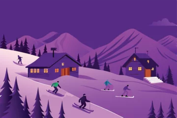 Gardinen Create a vibrant vector illustration of a snowy ski slope at a bustling ski resort, showcasing skiers and snowboarders enjoying the winter wonderland. © ndomble