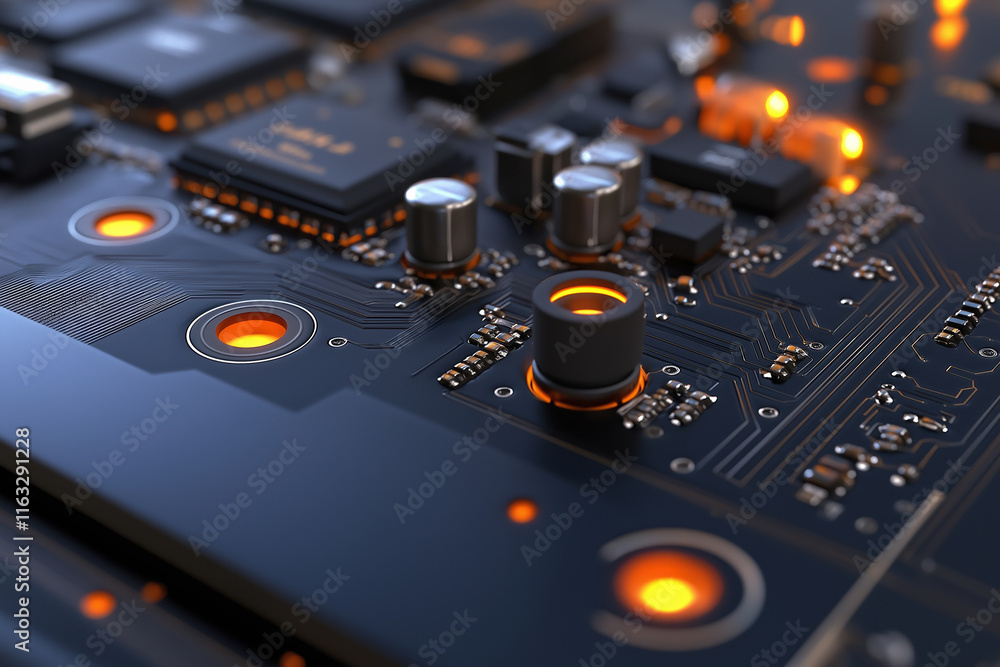Poster close-up view of a circuit board with glowing elements showcasing technology details