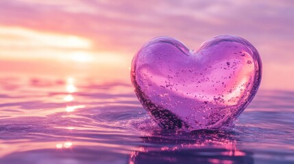 Fototapeta premium A luxurious heart-shaped object in radiant pink and purple tones, gently set afloat on calm water with animated droplets creating movement.