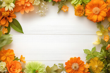 Colorful orange flowers frame a bright wooden background for spring decoration