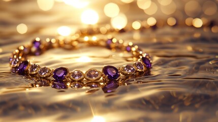 A luxurious necklace with purple gemstones and a golden chain, floating gently on calm water under bright studio lights; ripples reflect the golden background.