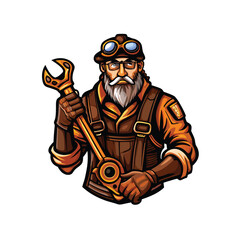 A grizzled steampunk engineer, rugged and determined, meticulously repairs intricate clockwork machinery.  His tools lay scattered nearby.