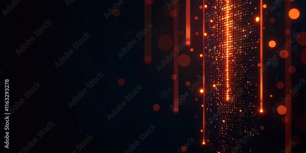 Poster abstract dark background with orange glowing lines and particles