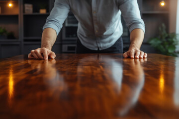 Man leaning on a polished wooden table in a modern indoor setting