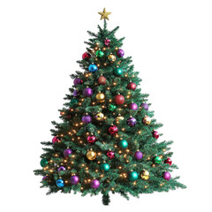 Welcome the New Year with a sparkling Christmas tree- filled with vibrant ornaments and lights- perfect for adding holiday cheer against a white background.