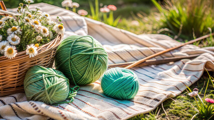 Colorful green yarn balls and knitting needles beside a flower basket on a blanket in a sunny outdoor setting
