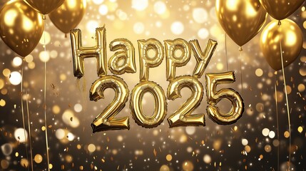 Happy New Year 2025 with Shiny Golden Foil Balloons and 'HAPPY 2025' Text on a Glittery Background, Creating a Festive and Glimmering Atmosphere for Celebration