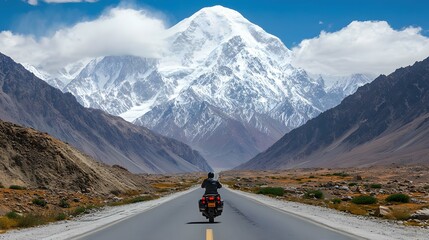 Beautiful view of snow mountains with road and sky clouds. Motorcycle background
