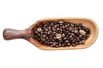 Obraz premium Coffee beans in wooden scoop isolated on white background