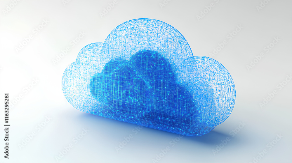 Poster abstract cloud computing technology with blue wireframe graphics and nodes on a white background. co