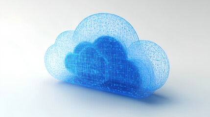 Abstract cloud computing technology with blue wireframe graphics and nodes on a white background. Concept of digital data storage system