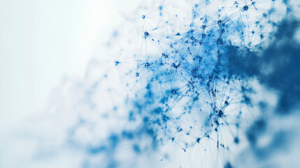 Abstract cloud computing technology with blue wireframe graphics and nodes on a white background. Concept of digital data storage system