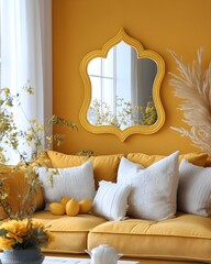Yellow Velvet Sofa with Decorative Pillows and Ornate Mirror