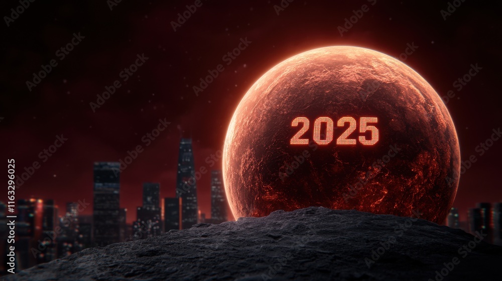 Poster a futuristic and striking cityscape projection of the year 2025 featuring a glowing red hued planet 